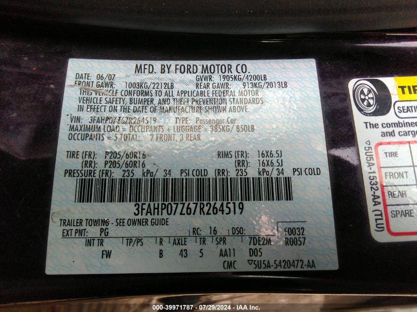 2007 Ford Fusion Se VIN: 3FAHP07Z67R264519 Lot: 39971787