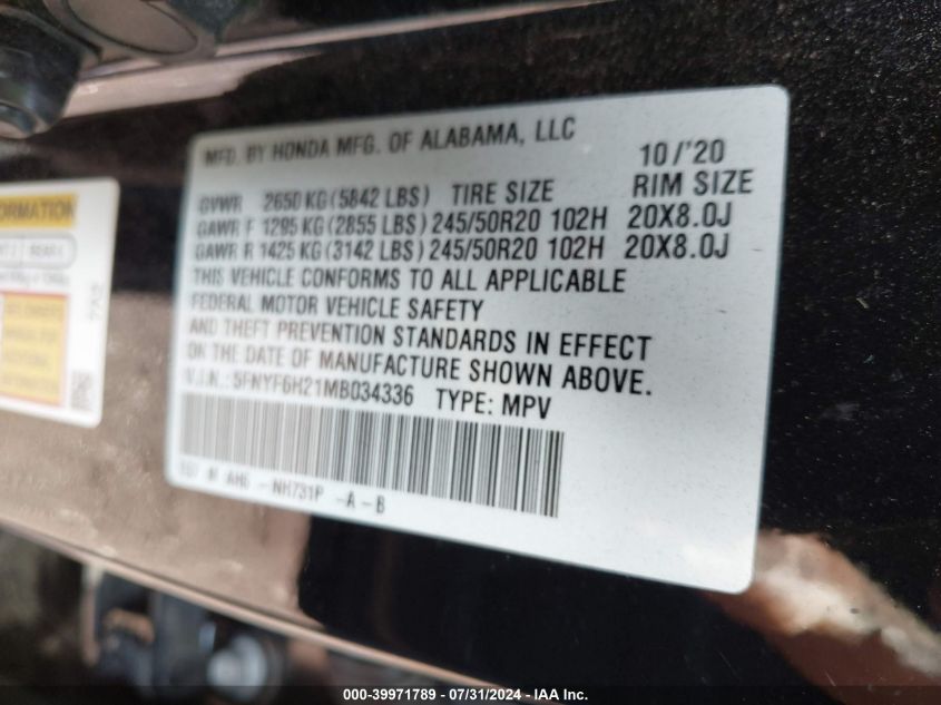 2021 Honda Pilot Awd Special Edition VIN: 5FNYF6H21MB034336 Lot: 39971789