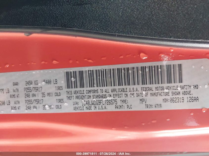 2015 Jeep Wrangler Unlimited Sport VIN: 1C4BJWDG9FL726575 Lot: 39971811