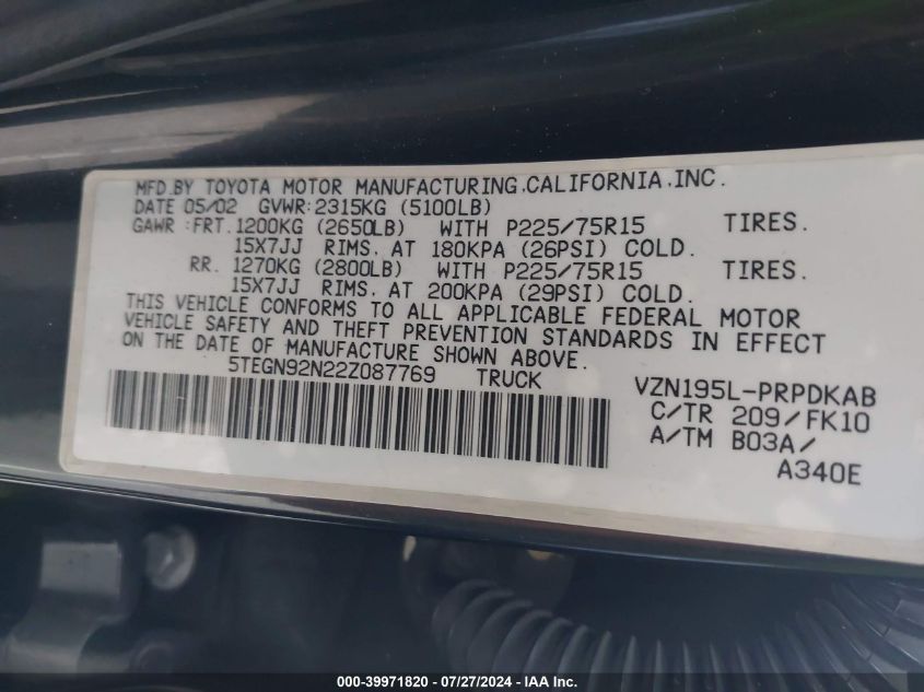 2002 Toyota Tacoma Double Cab Prerunner VIN: 5TEGN92N22Z087769 Lot: 39971820
