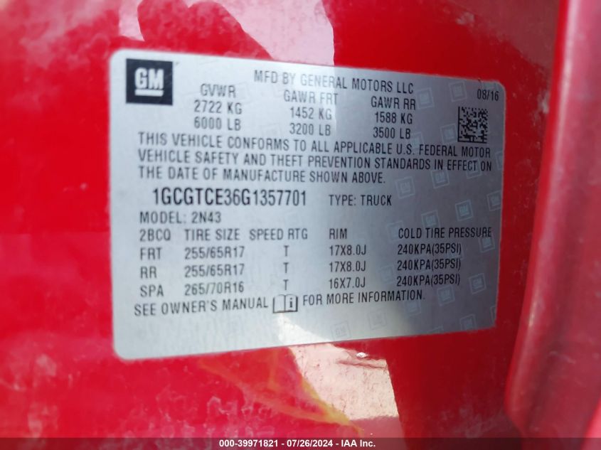 2016 Chevrolet Colorado Lt VIN: 1GCGTCE36G1357701 Lot: 39971821
