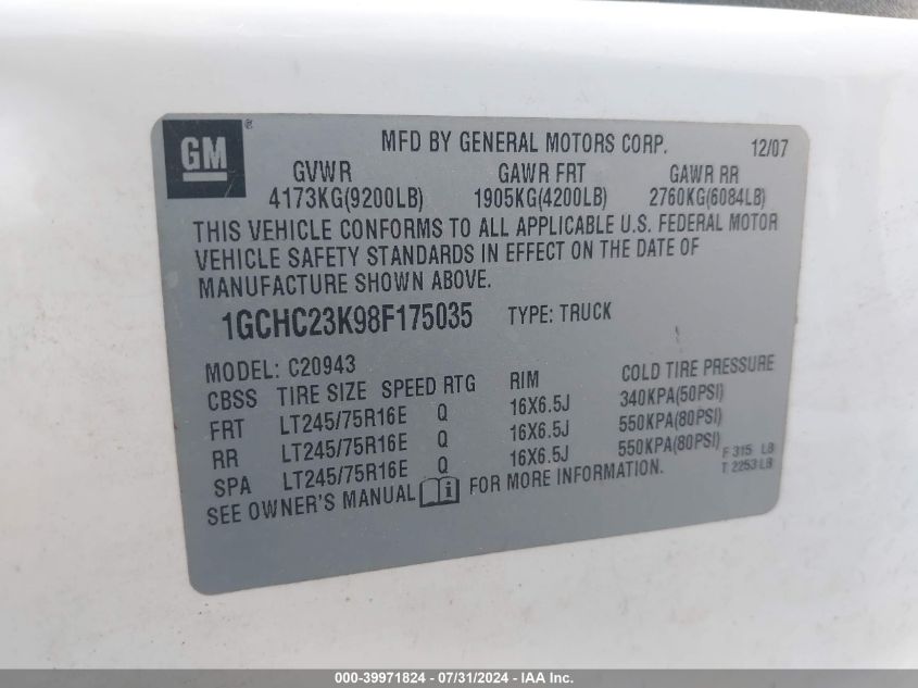 2008 Chevrolet Silverado 2500Hd Lt1 VIN: 1GCHC23K98F175035 Lot: 39971824