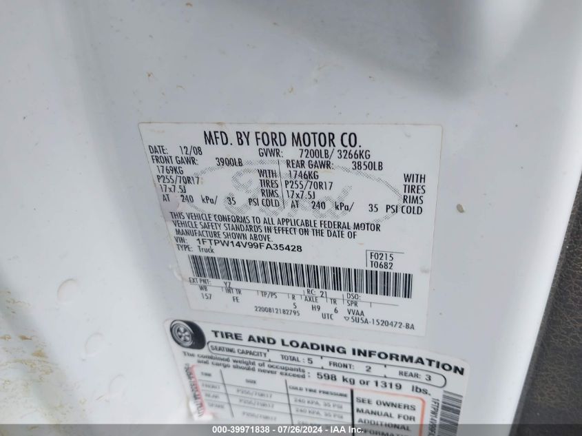 2009 Ford F-150 VIN: 1FTPW14V99FA35428 Lot: 39971838