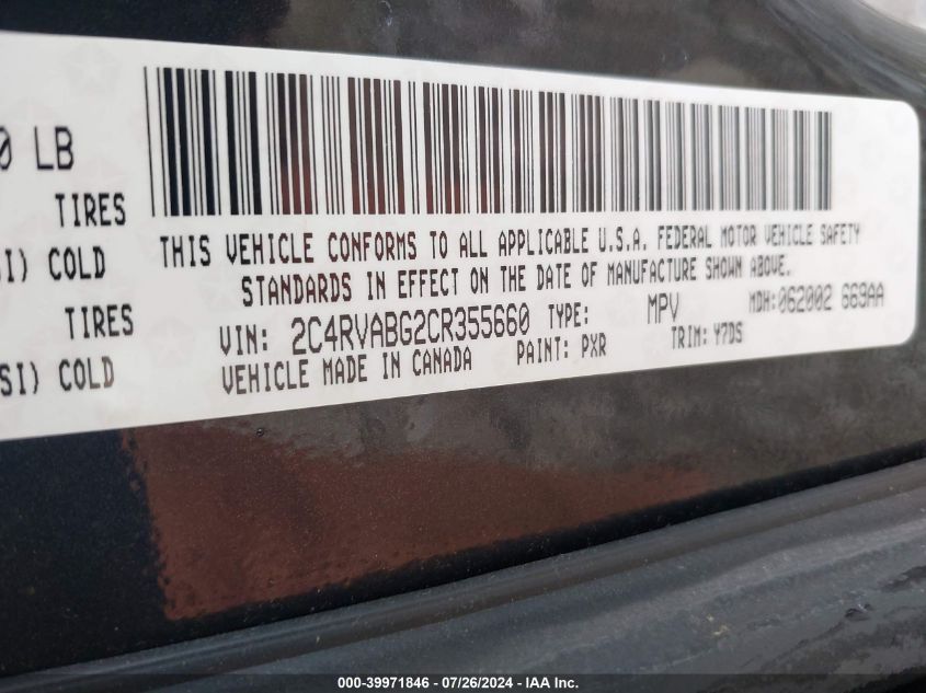 2012 Volkswagen Routan Se VIN: 2C4RVABG2CR355660 Lot: 39971846