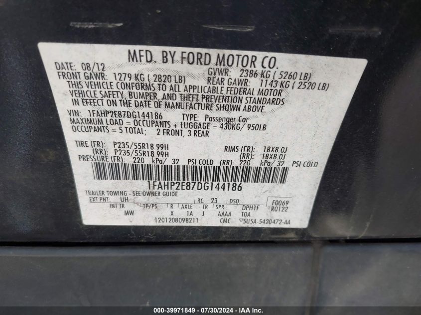 2013 Ford Taurus Sel VIN: 1FAHP2E87DG144186 Lot: 39971849