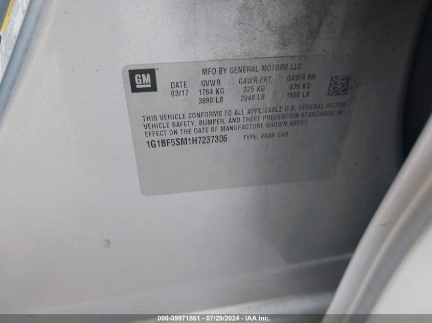 2017 Chevrolet Cruze Premier Auto VIN: 1G1BF5SM1H7237306 Lot: 39971861