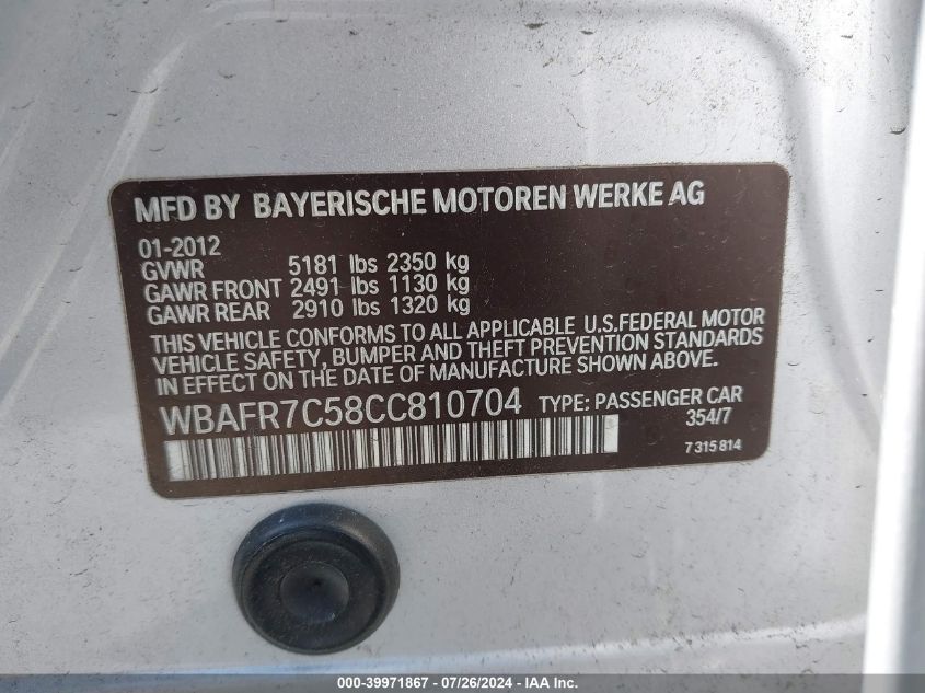 2012 BMW 535I VIN: WBAFR7C58CC810704 Lot: 39971867