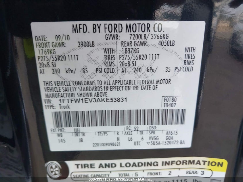 2010 Ford F150 VIN: 1FTFWIEV3AKE53831 Lot: 39971873