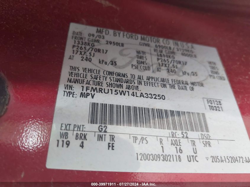 2004 Ford Expedition Xlt VIN: 1FMRU15W14LA33250 Lot: 39971911