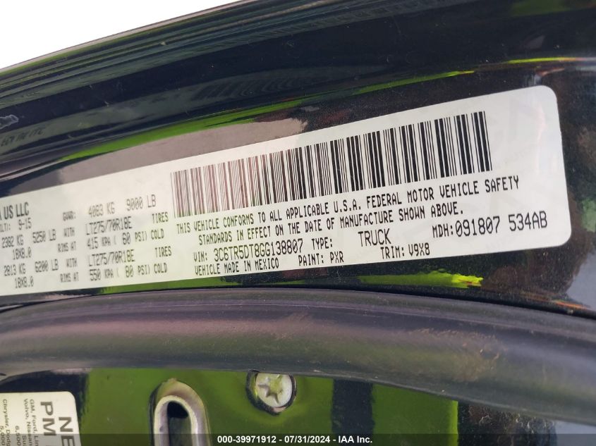 2016 Ram 2500 Slt VIN: 3C6TR5DT8GG138807 Lot: 39971912