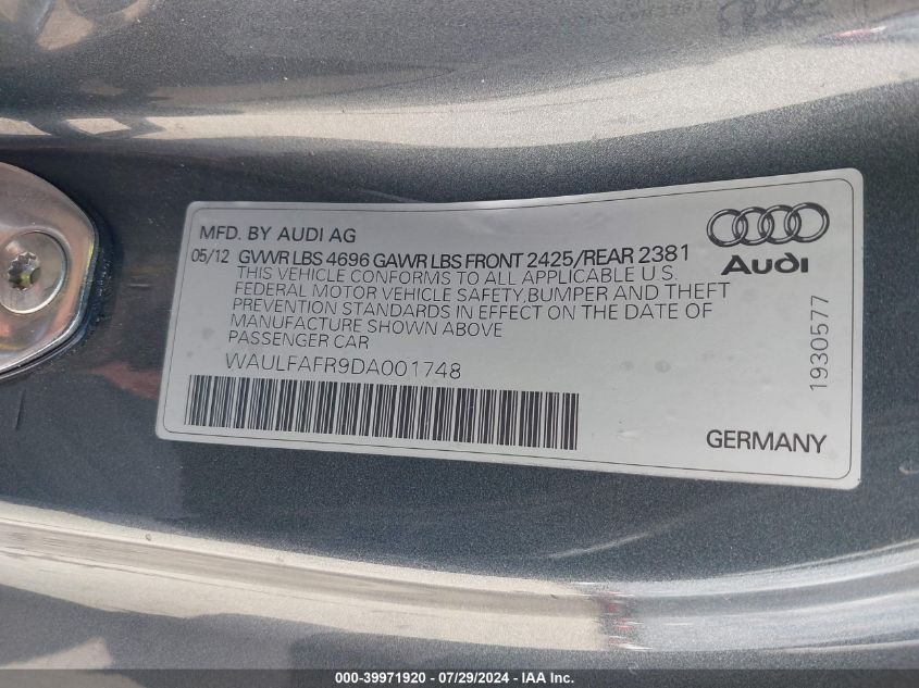 2013 Audi A5 2.0T Premium VIN: WAULFAFR9DA001748 Lot: 39971920