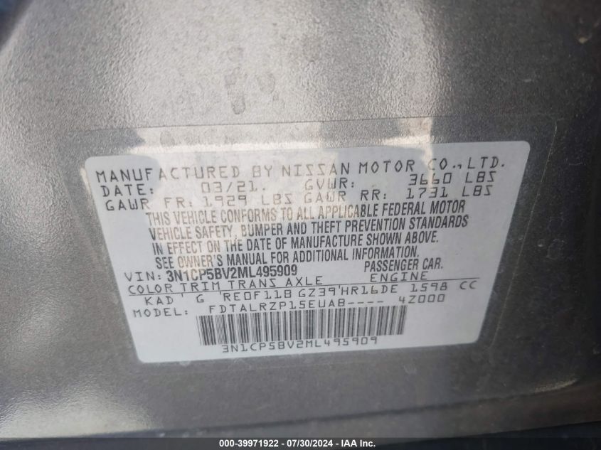 2021 Nissan Kicks S Xtronic Cvt VIN: 3N1CP5BV2ML495909 Lot: 39971922