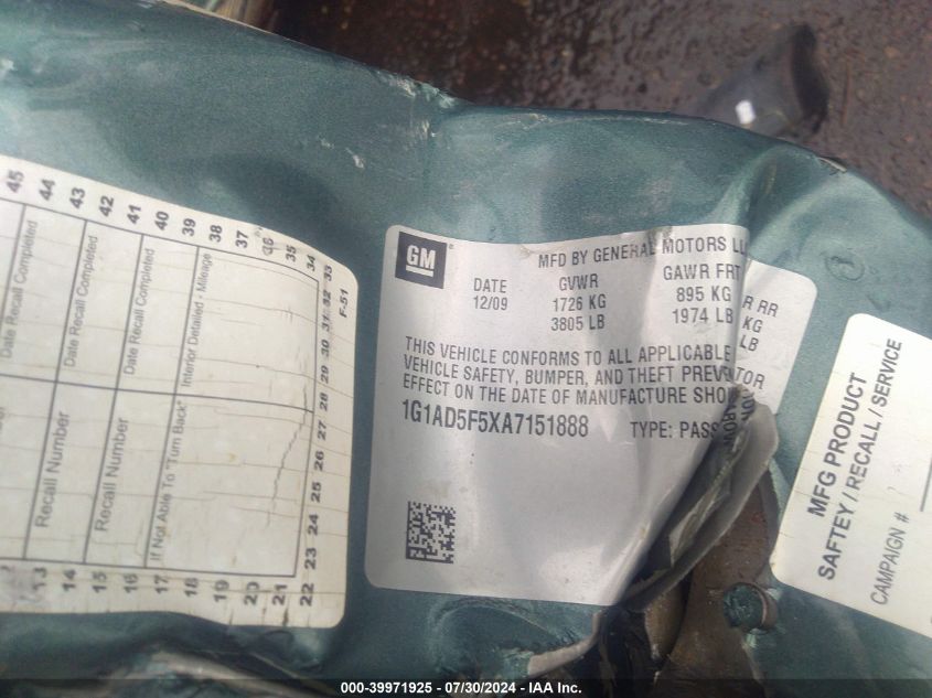 2010 Chevrolet Cobalt Lt VIN: 1G1AD5F5XA7151888 Lot: 39971925
