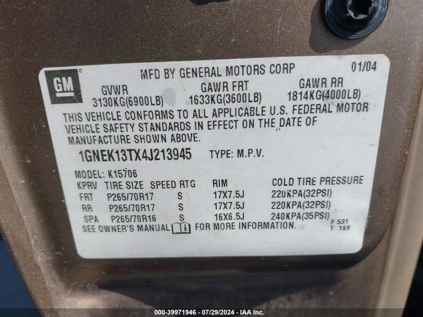 2004 Chevrolet Tahoe Lt VIN: 1GNEK13TX4J213945 Lot: 39971946