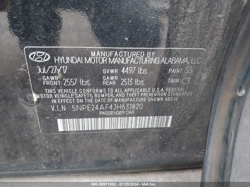 2018 Hyundai Sonata Se VIN: 5NPE24AF4JH631820 Lot: 39971952