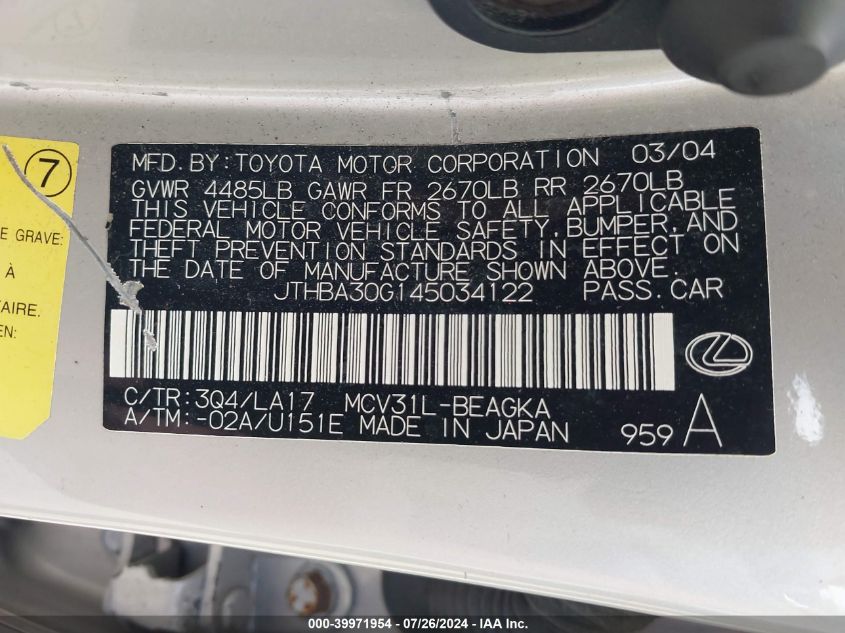 2004 Lexus Es 330 330 VIN: JTHBA30G145034122 Lot: 39971954