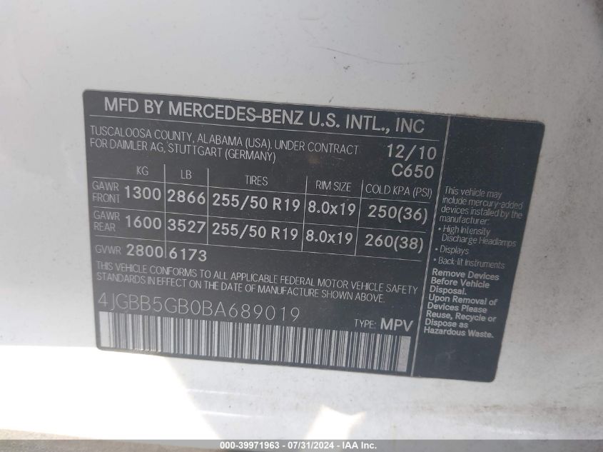 2011 Mercedes-Benz Ml 350 VIN: 4JGBB5GB0BA689019 Lot: 39971963