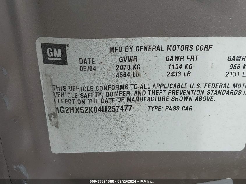 2004 Pontiac Bonneville Se VIN: 1G2HX52K04U257477 Lot: 39971966