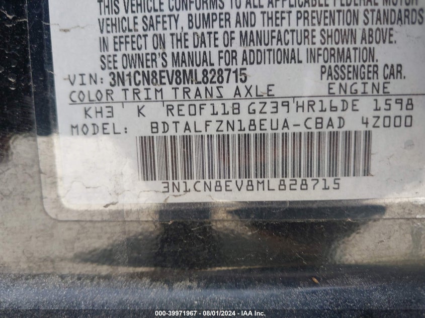 2021 Nissan Versa Sv Xtronic Cvt VIN: 3N1CN8EV8ML828715 Lot: 39971967