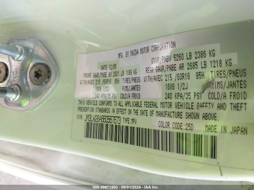 2006 Mazda Mpv Wagon VIN: JM3LW28A660567673 Lot: 39971980