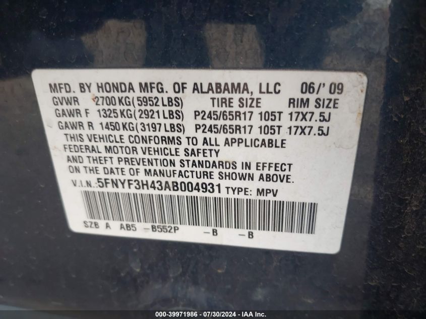 2010 Honda Pilot Ex VIN: 5FNYF3H43AB004931 Lot: 39971986