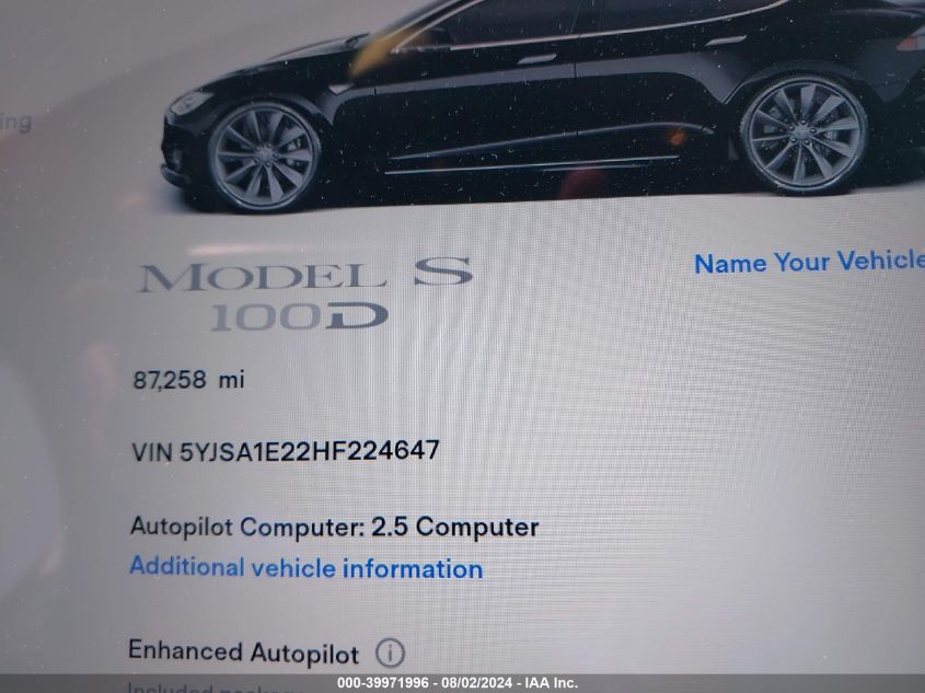 2017 Tesla Model S 100D/60D/75D/90D/P100D VIN: 5YJSA1E22HF224647 Lot: 39971996