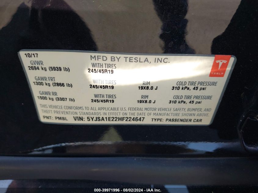 2017 Tesla Model S 100D/60D/75D/90D/P100D VIN: 5YJSA1E22HF224647 Lot: 39971996