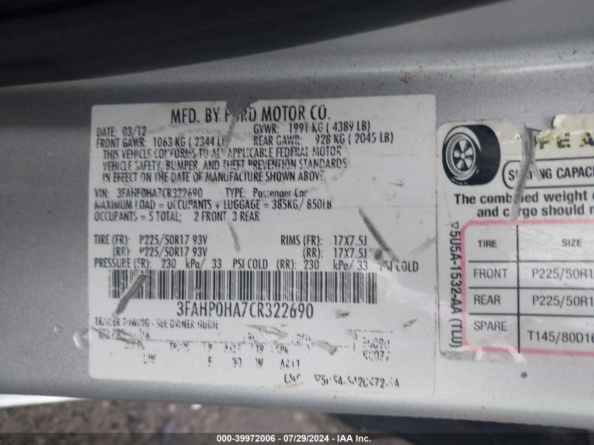 2012 Ford Fusion Se VIN: 3FAHP0HA7CR322690 Lot: 39972006