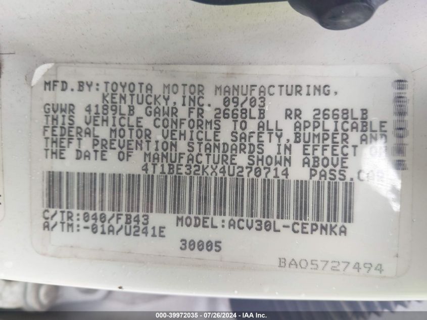 2004 Toyota Camry Le VIN: 4T1BE32KX4U270714 Lot: 39972035