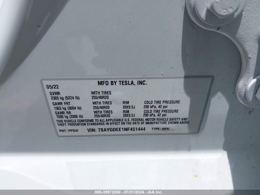 VIN 7SAYGDEE1NF451444 2022 TESLA MODEL Y LONG RANGE DUAL MOTOR ALL-WHEEL DRIVE