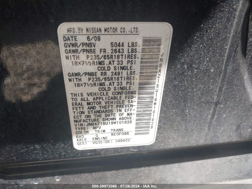 2009 Nissan Murano Sl VIN: JN8AZ18U19W101828 Lot: 39972066