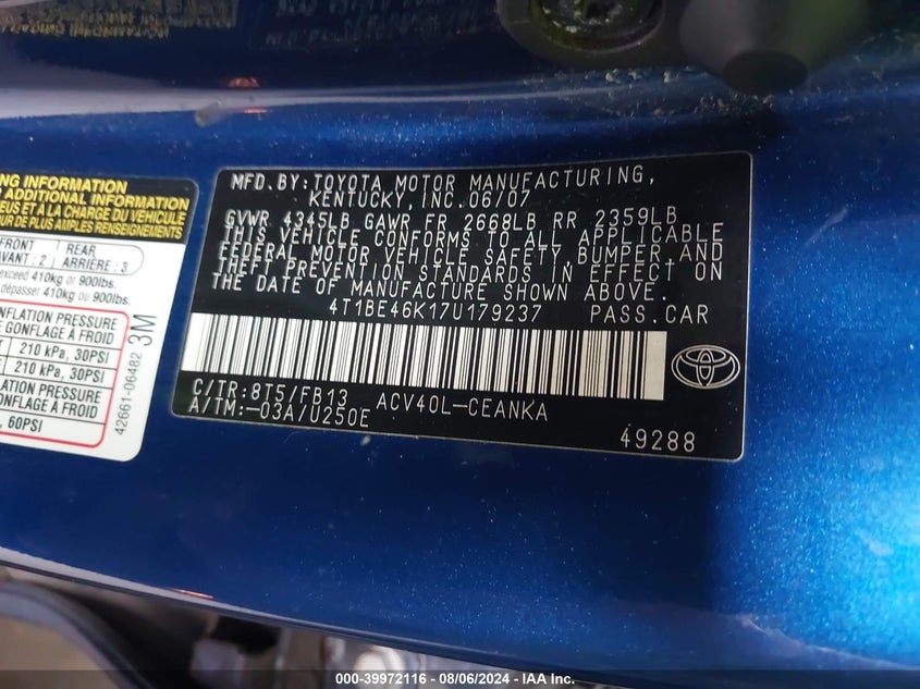 2007 Toyota Camry Le VIN: 4T1BE46K17U179237 Lot: 39972116