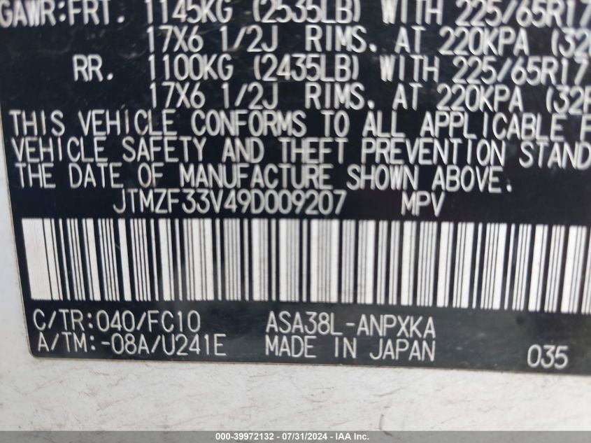 2009 Toyota Rav4 VIN: JTMZF33V49D009207 Lot: 39972132