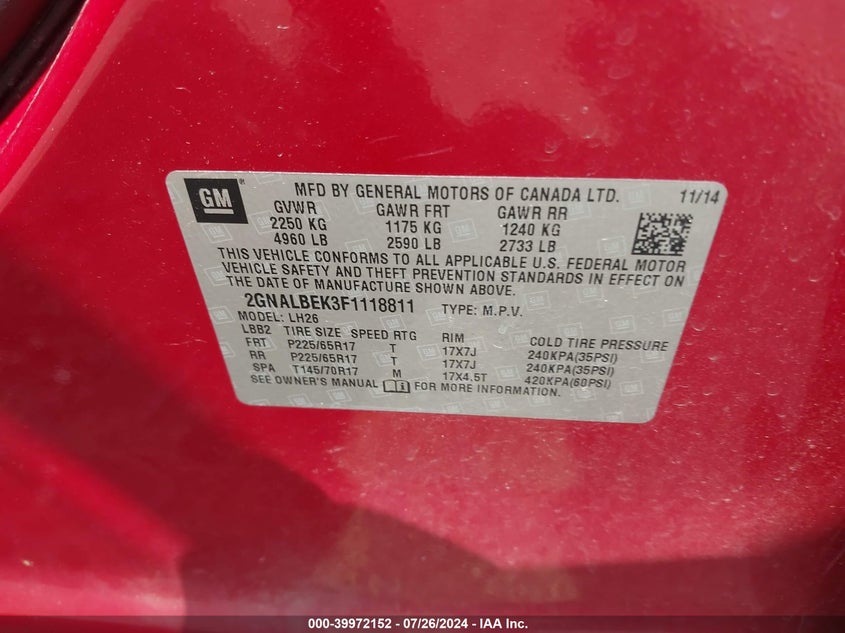 2015 CHEVROLET EQUINOX 1LT - 2GNALBEK3F1118811