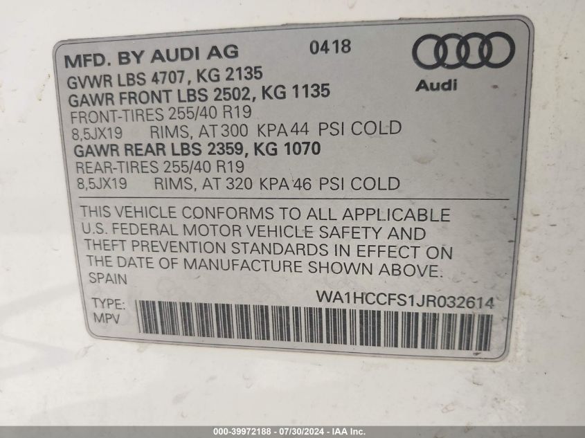 2018 Audi Q3 2.0T Sport Premium VIN: WA1HCCFS1JR032614 Lot: 39972188