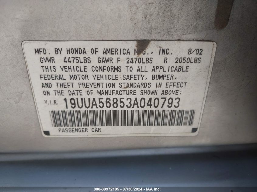 2003 Acura Tl 3.2 Type S VIN: 19UUA56853A040793 Lot: 39972195