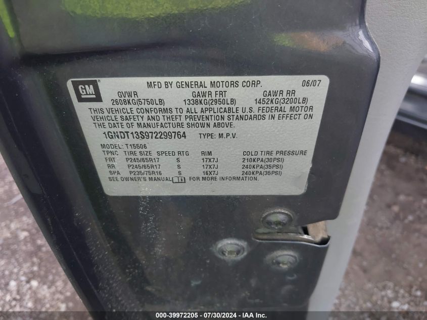 2007 Chevrolet Trailblazer Lt VIN: 1GNDT13S972299764 Lot: 39972205