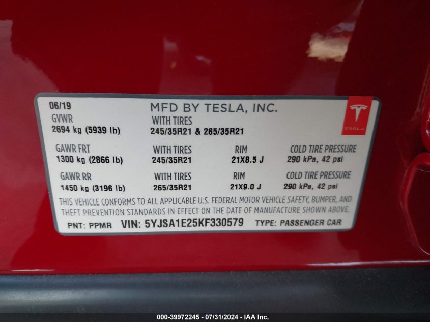 2019 Tesla Model S 100D/75D/Long Range/Standard Range VIN: 5YJSA1E25KF330579 Lot: 39972245