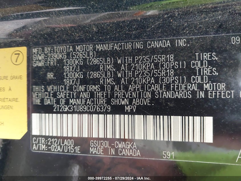 2009 Lexus Rx 350 VIN: 2T2GK31U89C076379 Lot: 39972255