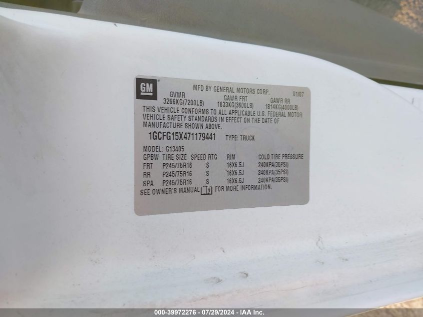 2007 Chevrolet Express G1500 VIN: 1GCFG15X471179441 Lot: 39972276