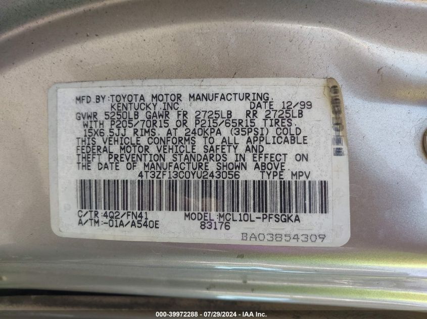 4T3ZF13C0YU243056 2000 Toyota Sienna Le