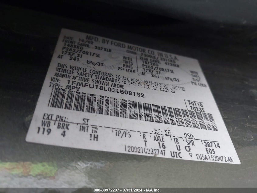 2003 Ford Expedition Eddie Bauer VIN: 1FMFU18L03LB08152 Lot: 39972297