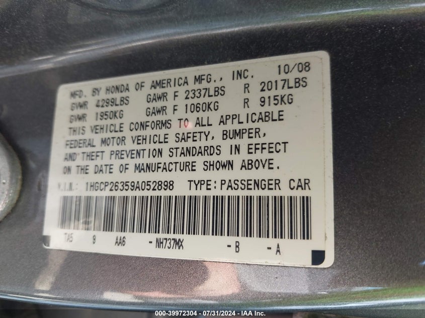2009 Honda Accord 2.4 Lx VIN: 1HGCP26359A052898 Lot: 39972304