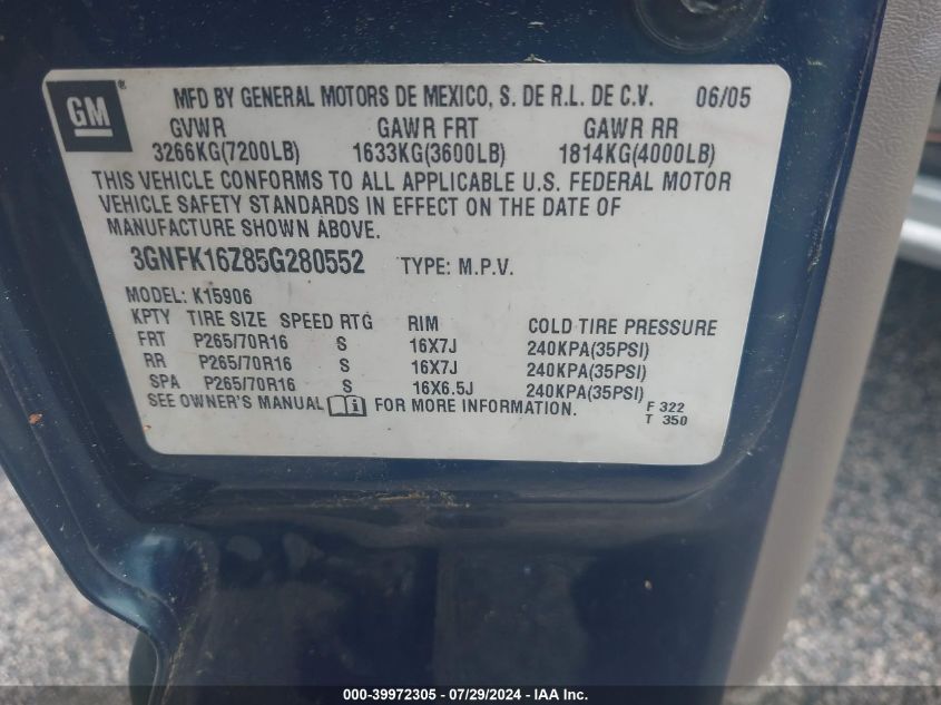 2005 Chevrolet Suburban 1500 Ls VIN: 3GNFK16Z85G280552 Lot: 39972305