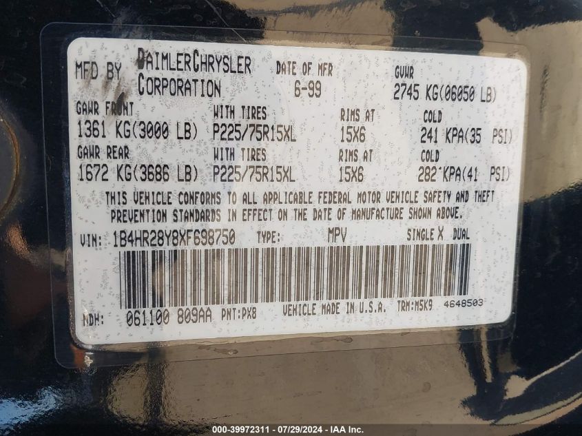 1999 Dodge Durango VIN: 1B4HR28Y8XF698750 Lot: 39972311