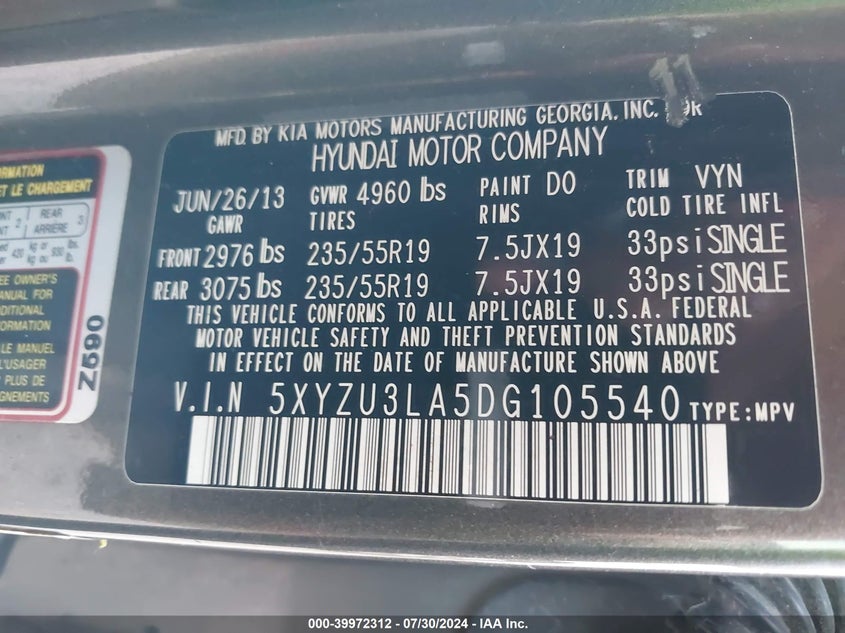 2013 Hyundai Santa Fe Sport 2.0T VIN: 5XYZU3LA5DG105540 Lot: 39972312