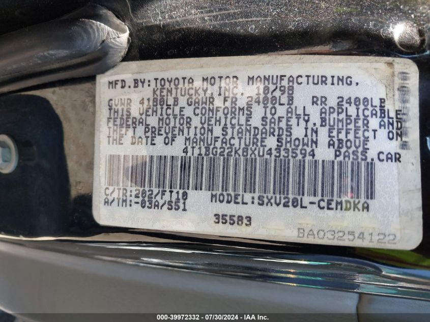 1999 Toyota Camry Ce VIN: 4T1BG22K8XU433594 Lot: 39972332