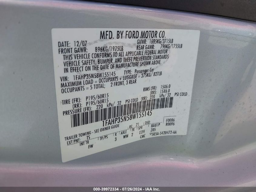 1FAHP35N58W155145 2008 Ford Focus Se/Ses