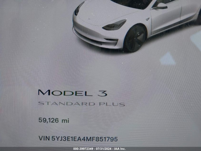 2021 Tesla Model 3 Standard Range Plus Rear-Wheel Drive VIN: 5YJ3E1EA4MF851795 Lot: 39972349