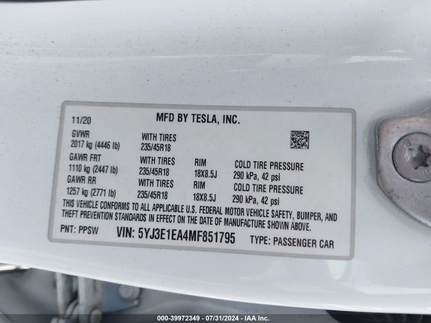 2021 Tesla Model 3 Standard Range Plus Rear-Wheel Drive VIN: 5YJ3E1EA4MF851795 Lot: 39972349